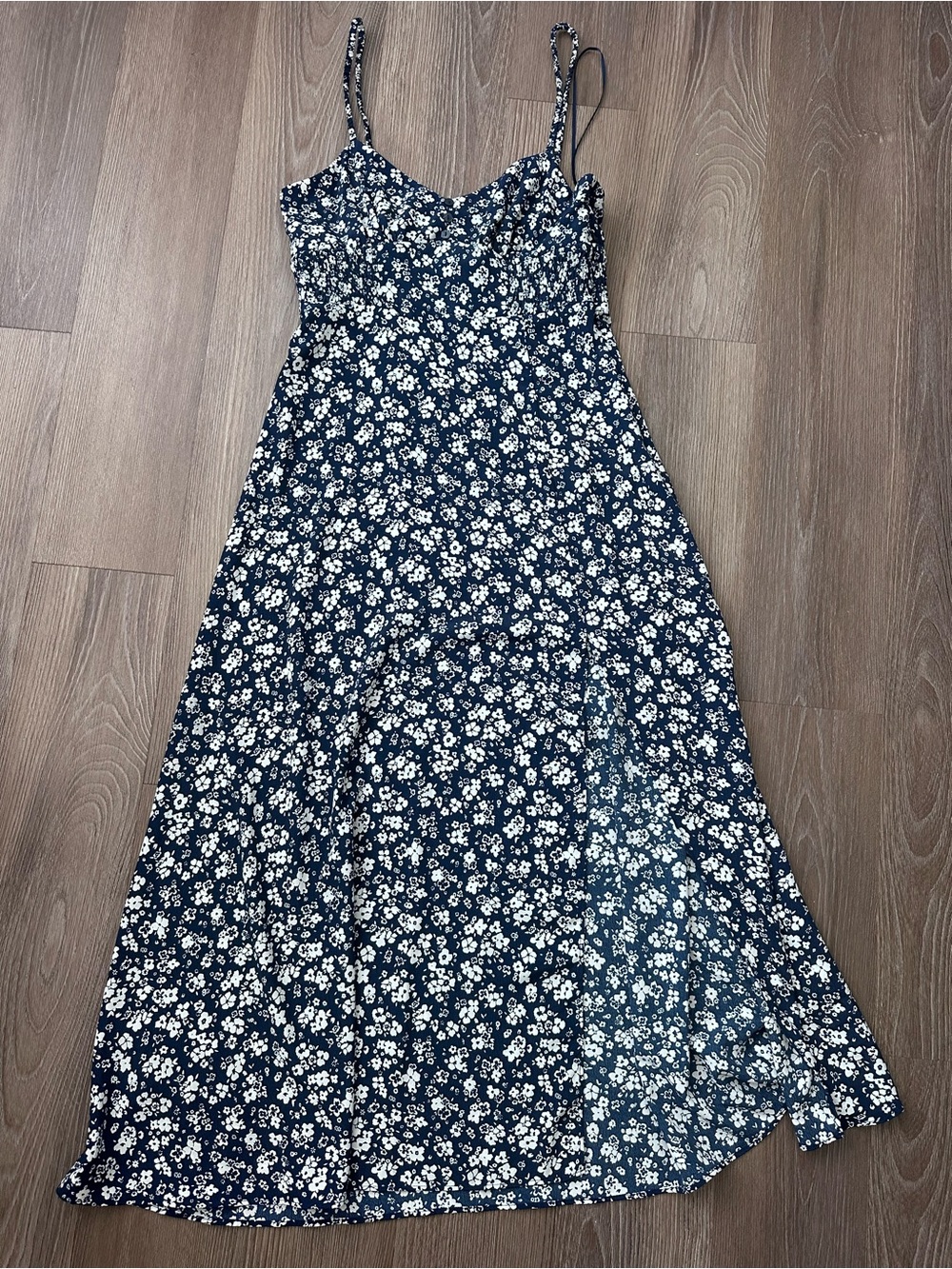 Zara Navy Floral Midi Dress with White Blossoms